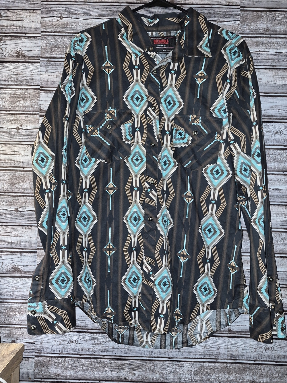 Rock & Roll Denim Men's Size L  Aztec Print Western Shirt - Turquoise Pattern